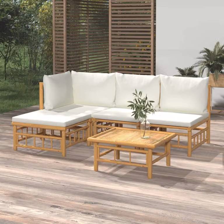 Set Salotto da Giardino vidaXL in Bambu con Cuscini, Design Moderno a L, Bianco Beige e Marrone