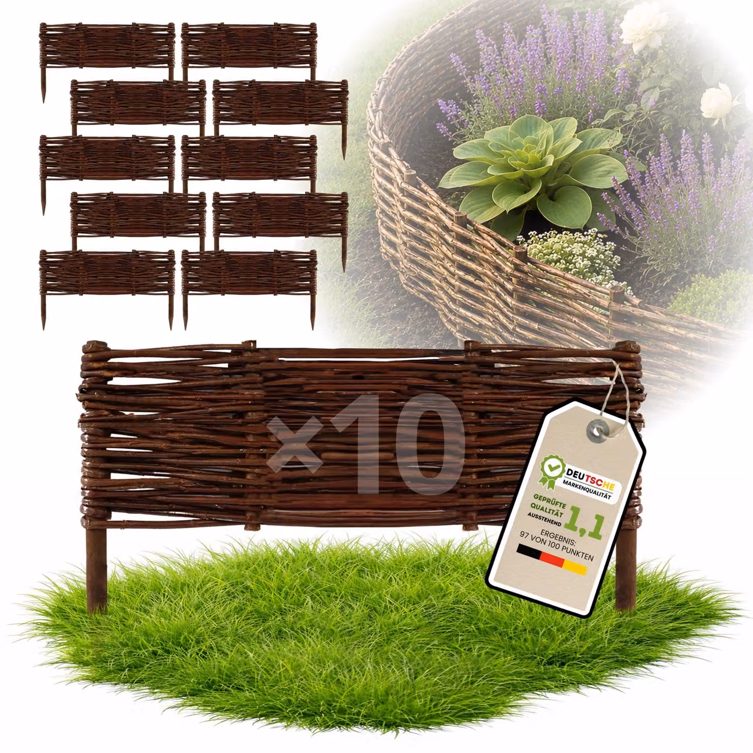 Floranica 10 pezzi Recinzione in vimini 20 cm x 50 cm – Staccionata da giardino intrecciata Palizzata Recinzione naturale Bordo aiuola