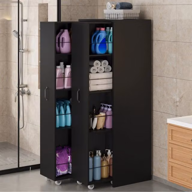 Libreria estensibile con 8 ripiani e ruote, moduli reversibili per bagno e cucina, in MDF nero, 51.5 × 41 × 158 cm
