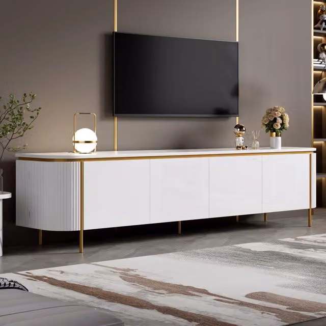 Desviae Mobile porta TV rialzato con 6 ante senza maniglie, passacavi e piedini in ferro MDF bianco 180 × 38 × 46 cm