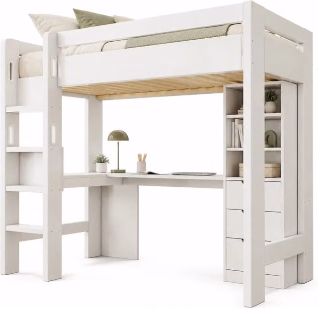 Letto a soppalco REDOM per bambini con scrivania a L, scaffali, cassetti e porta USB, bianco, L/P/H: 206 x 90 x 175 cm – 1