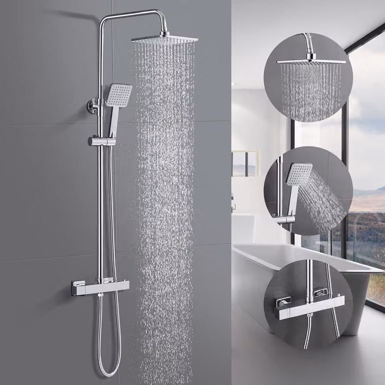Rubinetto doccia termostatico con barra di supporto - Doccia a pioggia da 25 cm - Ottone cromato