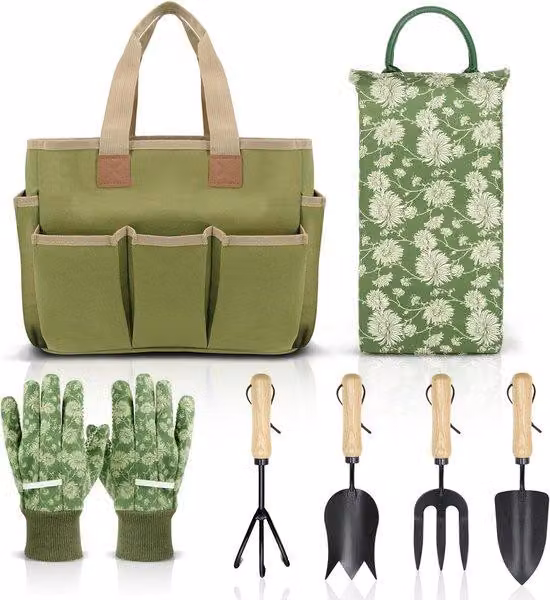 Set di attrezzi da giardino da 8 pezzi, con manici in legno, borsa, ginocchiere e guanti