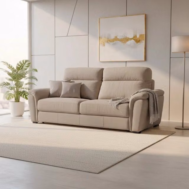 Divano 3 posti Gonzaga in tessuto beige con poggiatesta regolabili e struttura in legno