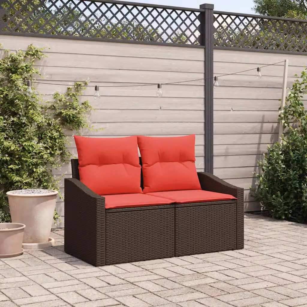 Divano da giardino vidaXL in polyrattan marrone con cuscini L: 123 cm, P: 62 cm, H: 69 cm