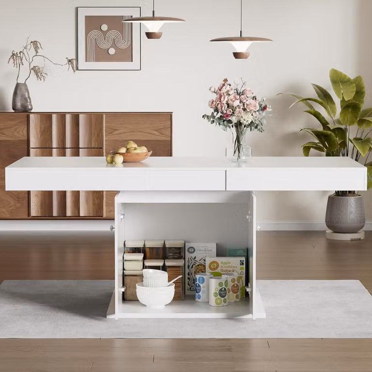 Tavolo da pranzo allungabile con vano portaoggetti, forma rettangolare, colore bianco, dimensioni 140/180 x 80 x 76 cm