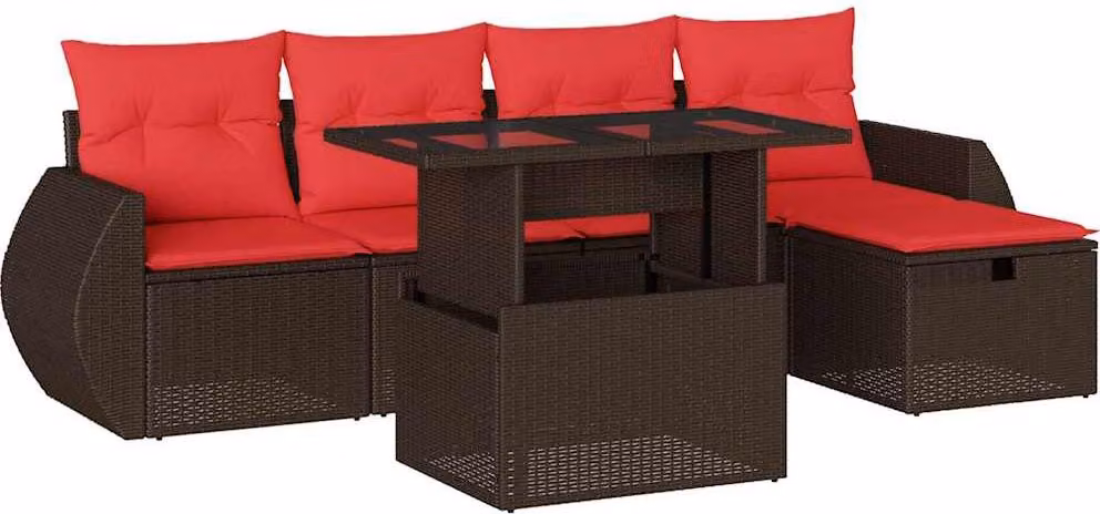 Set Divani da Giardino 6 pz con Cuscini Marrone in Polyrattan