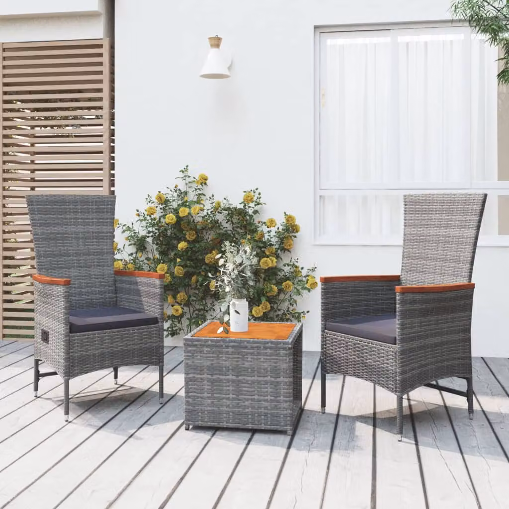 Set di mobili da giardino vidaXL in 3 pezzi in polyrattan grigio con legno di acacia oliato