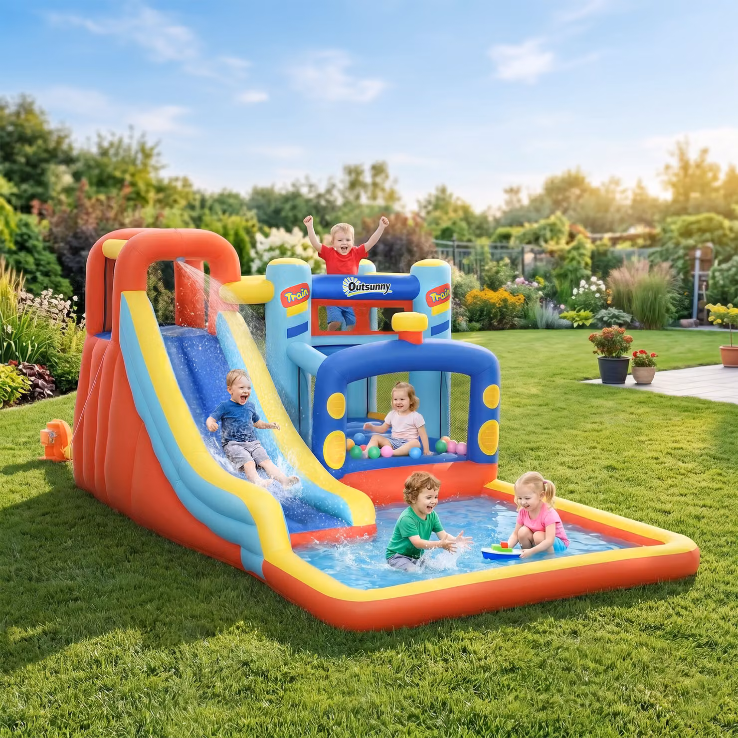 Castello Gonfiabile Outsunny Multicolore con Scivolo, Altalena e Sabbiera, L/P/H: 435 x 245 x 200 cm – 2