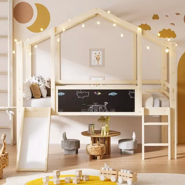 Letto per bambini 90 x 200 cm a soppalco con scivolo in legno massello; casetta con lavagna