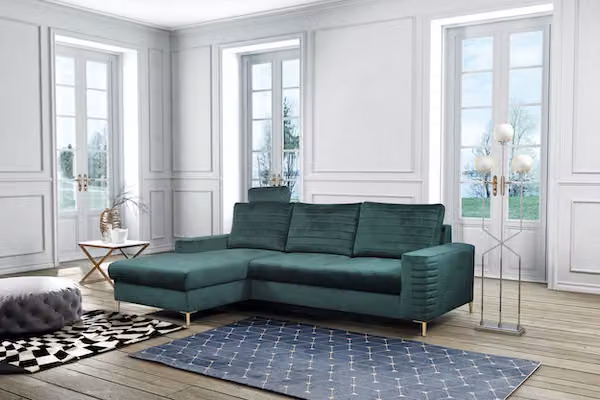 Divano ad angolo "Collin" Divano ad angolo funzione letto Jungle verde / piedi oro Recamiere sinistra