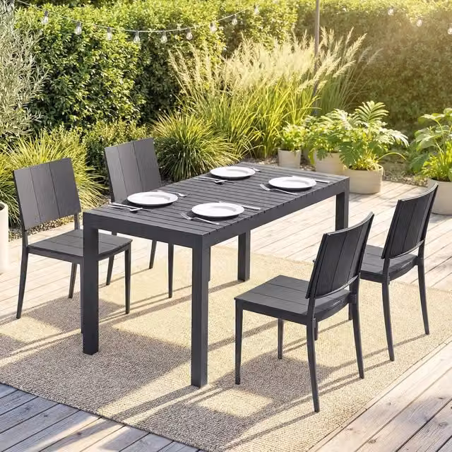 Set tavolo e sedie da giardino 5 pezzi per 4 persone; grigio scuro; con sedie impilabili