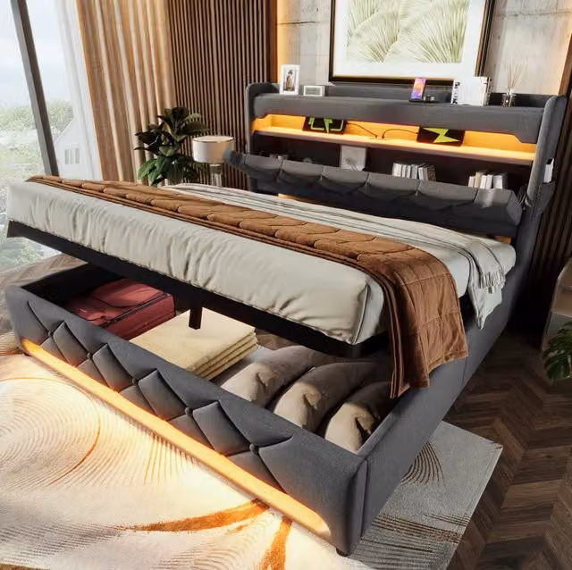 Letto matrimoniale 140x190 cm con contenitore; LED 360°; testiera con USB e Type-C; grigio