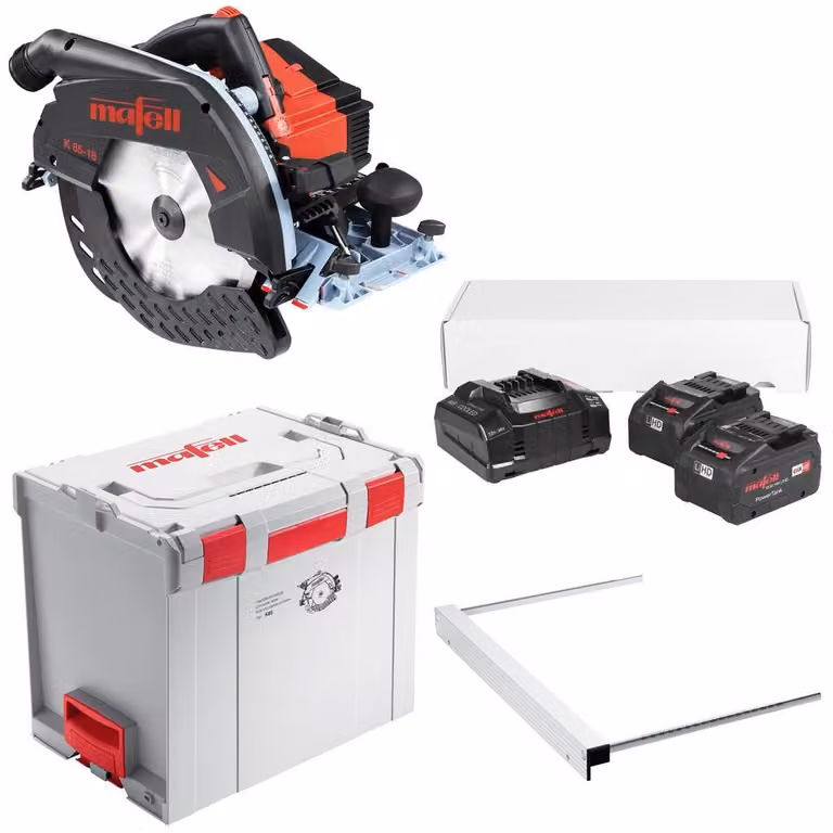 Sega circolare portatile a batteria Mafell K 85-18 PURE, modello L-MAX 91E302, con set di accessori Power Set 3