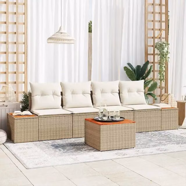 Set da giardino moderno vidaXL composto da divano a 2 posti e tavolino con cuscini beige in rattan e metallo