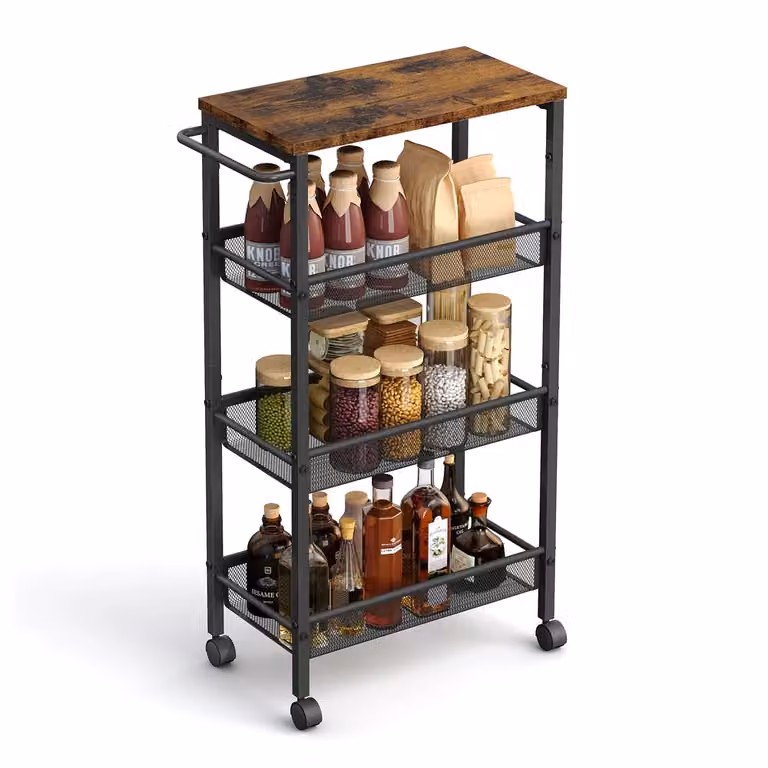 Carrello Carrello Cucina con Ruote Struttura in Acciaio Maniglia, Nero