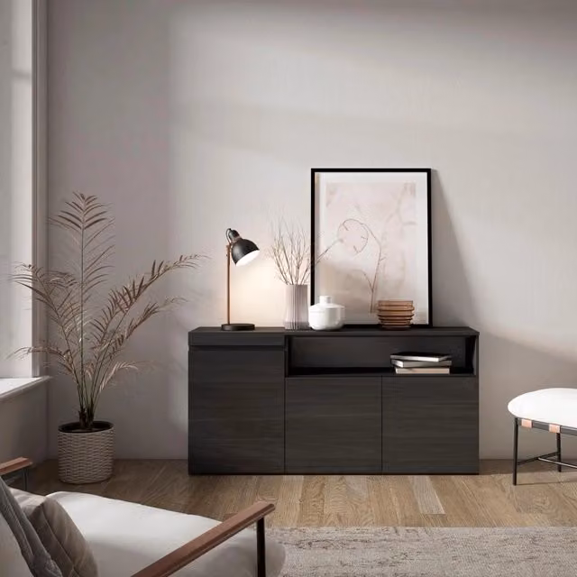 Credenza, Mobile, 150x35x75cm, 3 Porte, grande stoccaggio, Nero RF2512