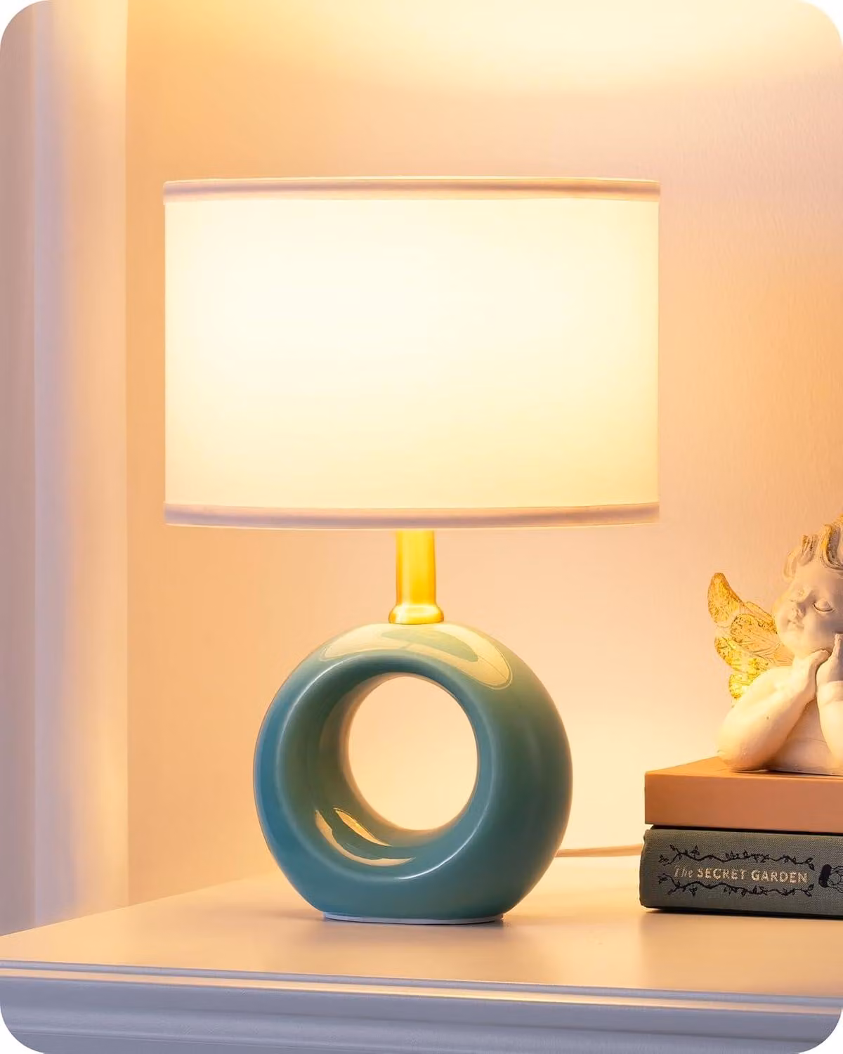 Lampada da tavolo in Vetroceramica, attacco E14, 2700K (luce bianco caldo), colore blu, paralume in tessuto, ideale per la camera da letto