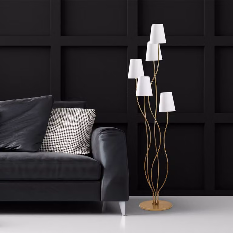Opviq, lampada da terra moderna con struttura in metallo, oro e bianco, 44 x 44 x 160 cm | Paralume in tessuto (diametro: 14 cm, altezza: 16 cm) | 5 attacchi E14, max. 40 W, ideale per hotel e abitazioni moderne.
