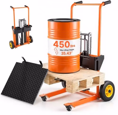 VEVOR Carrello Elevatore Manuale Idraulico in Acciaio Arancione, Capacità di Carico 205 kg, Altezza di Sollevamento 90 cm, Design Pieghevole e Portatile con Ruote Girevoli e Gambe Fisse