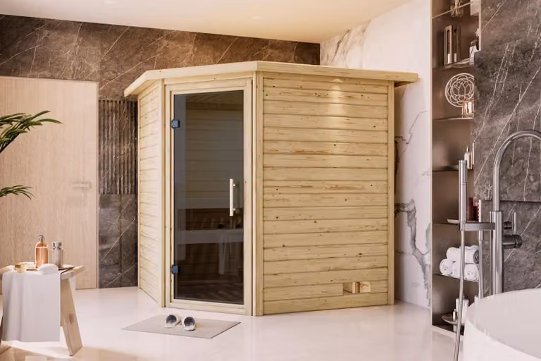 Sauna Woodfeeling Mia (ingresso ad angolo), porta tutto vetro, grafite, riscaldatore 9 kW centralina integrata