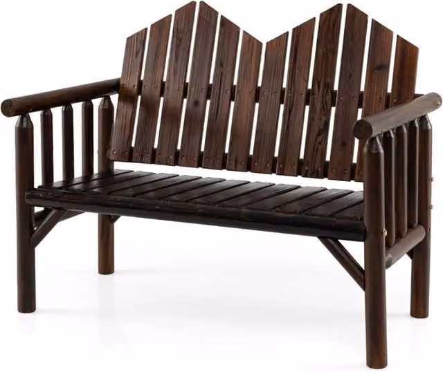 Panchina a 2 posti in legno per giardino e terrazzo, colore marrone scuro, con braccioli e schienale inclinato, capacità di carico 300 kg