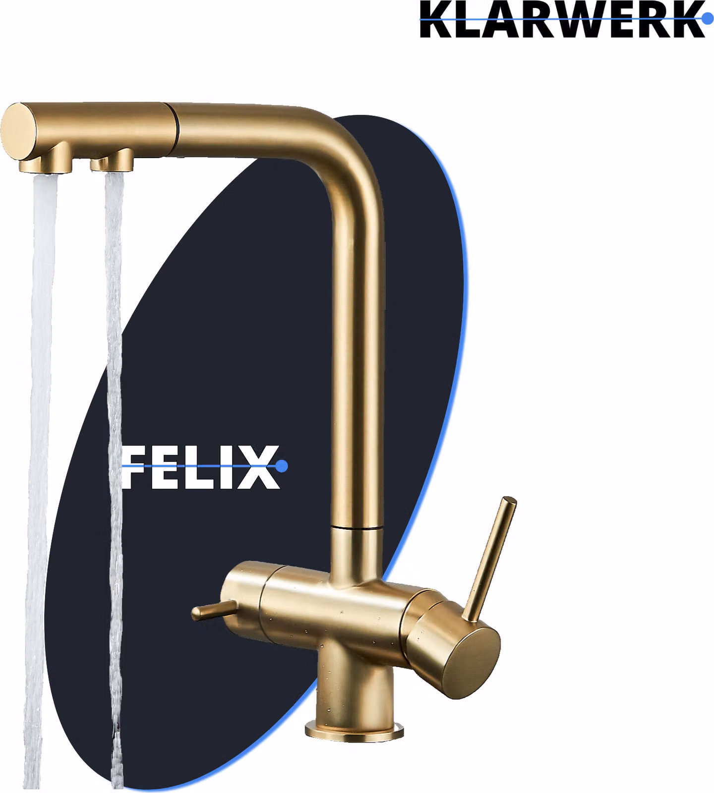 Felix | Rubinetto a tre vie estraibile Premium Gold Matt | Rubinetto da cucina con osmosi in acciaio inox | Rubinetto miscelatore - 360 gradi | Filtro
