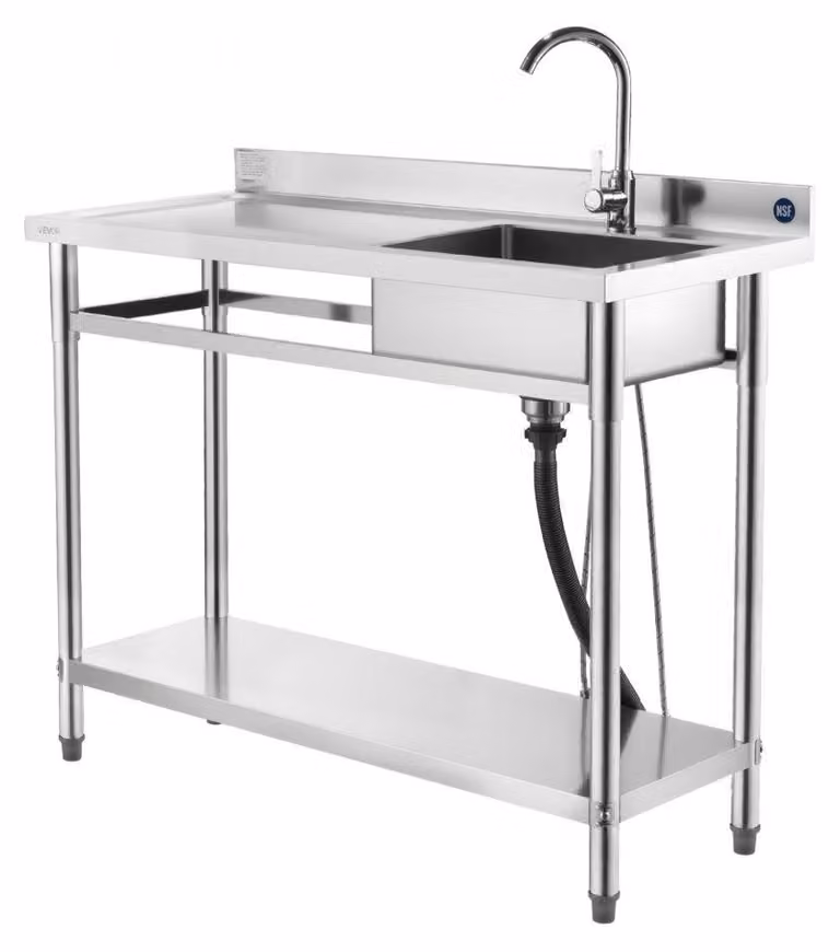 Lavello da cucina a una vasca - 120 x 50 x 94 cm - Acciaio inossidabile - Con rubinetto e piano di appoggio