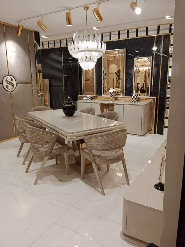 Exklusives Design Luxuriöser Esstisch + 6x Stühle + Anrichte mit Spiegel