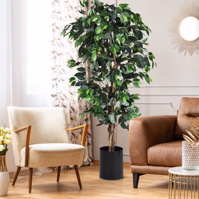 Pianta Ficus artificiale Costway verde con vaso in legno e cemento, Altezza: 180 cm