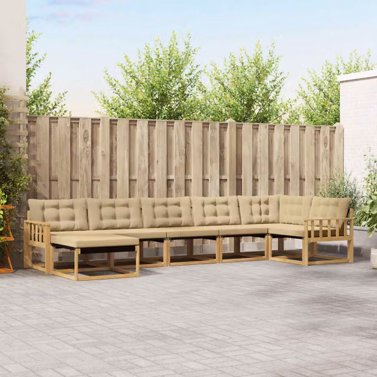 vidaXL Set di divani da esterno a L composto da 7 pezzi in legno di acacia con cuscini bianchi e beige
