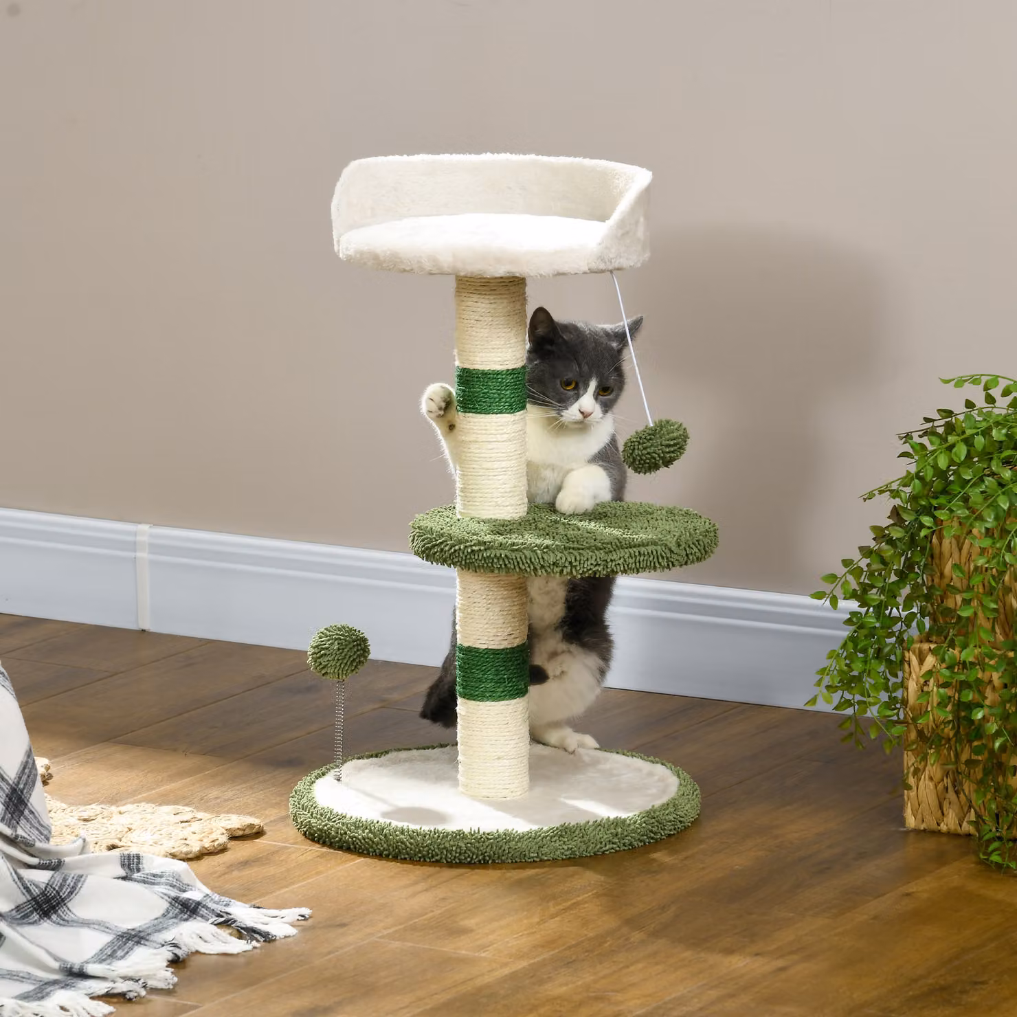 Albero Tiragraffi PawHut per Gatti con Lettino, Giocattoli Integrati e Palo in Sisal, Verde e Bianco – 2