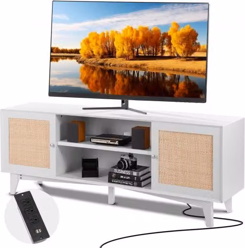 Supporto TV Mobile VEVOR in Rattan Stile Boho con Presa Integrata e Ruote, Bianco, L: 167,7 cm, P: 39,7 cm, H: 63,6 cm