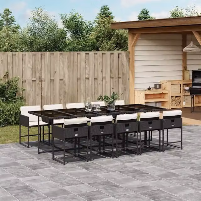 Set da pranzo da giardino vidaXL in polyrattan nero e bianco con 11 pezzi e piano in vetro – 1