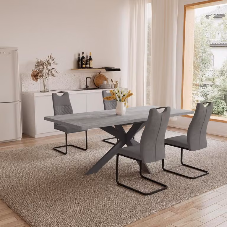 Set da pranzo con tavolo allungabile, grigio, 170 cm, composto da 1 tavolo e 4 sedie, realizzato in legno MDF