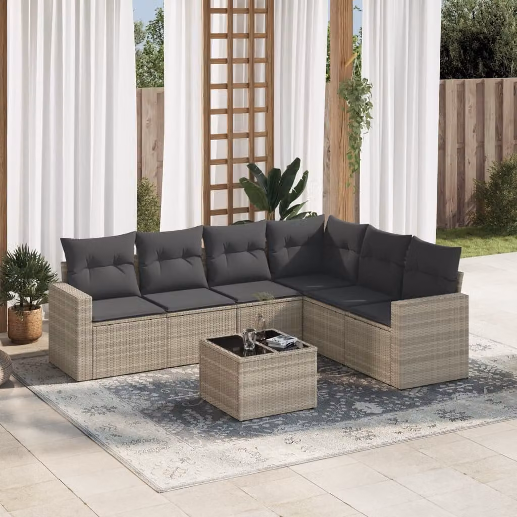 vidaXL Set Divani da Giardino 7pz a Forma di L in Polyrattan Grigio con Cuscini e Tavolino da Esterno – 1