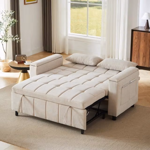 Divano letto 2 posti 148,6 x 81,3 x 86,4 cm beige, contenitore, tessuto chenille, 3 in 1