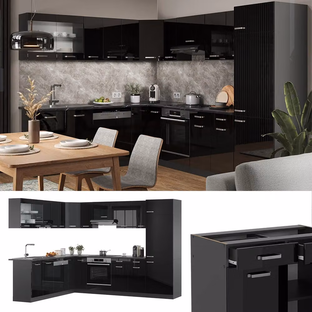 Cucina angolare moderna Vicco R-Line in nero lucido e antracite, L: 287 cm, P: 227 cm – 2