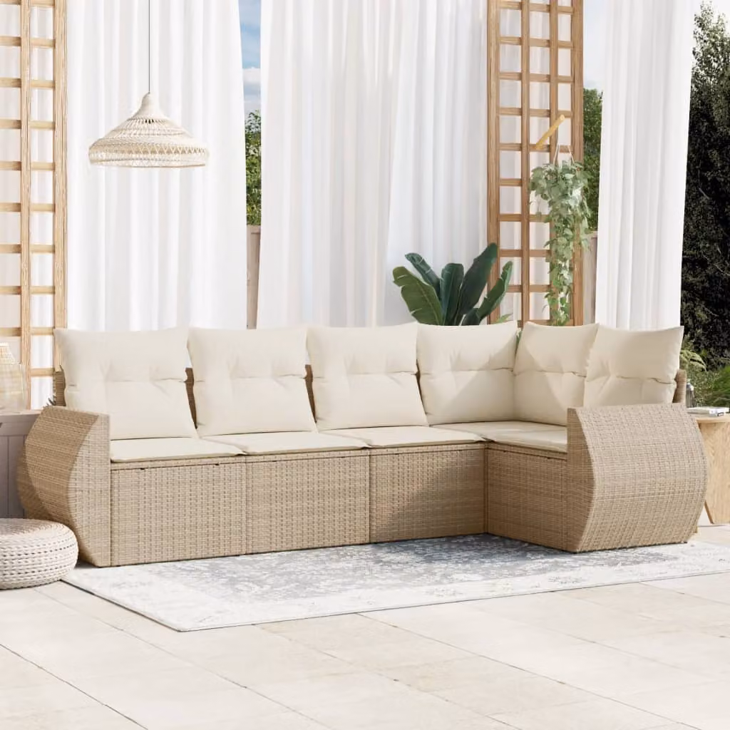 vidaXL Set Divano da Giardino 5 pz a Forma di L in Polyrattan Beige con Cuscini Imbottiti e Coperture Rimovibili