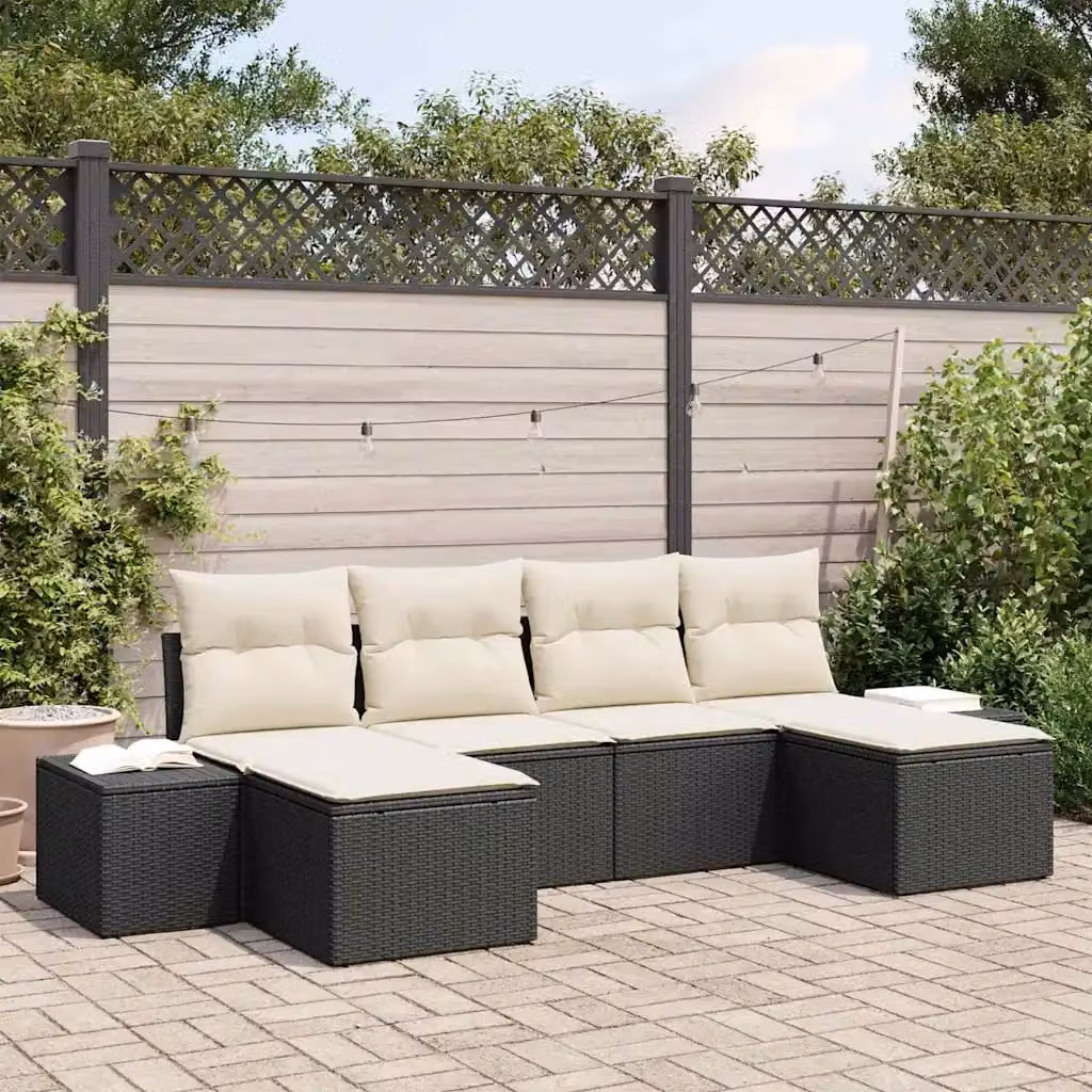 Set Divano da Giardino a L vidaXL 4 pz Nero e Beige con Cuscini e Ottoman – 1