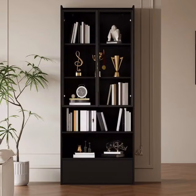 Vetrina Soggiorno Nera in MDF con Ante in Vetro e Cassetto 80x34x180 cm