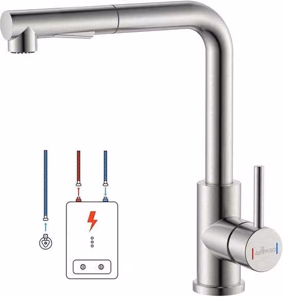 Rubinetto estraibile per lavello con 2 getti d'acqua per scaldabagno, 3 attacchi, a bassa pressione, in plastica