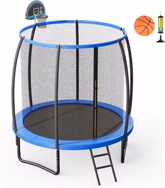 Tappeto elastico con anello da basket rete cuscinetto di sicurezza scaletta con 2 gradini, Trampolino da 244cm