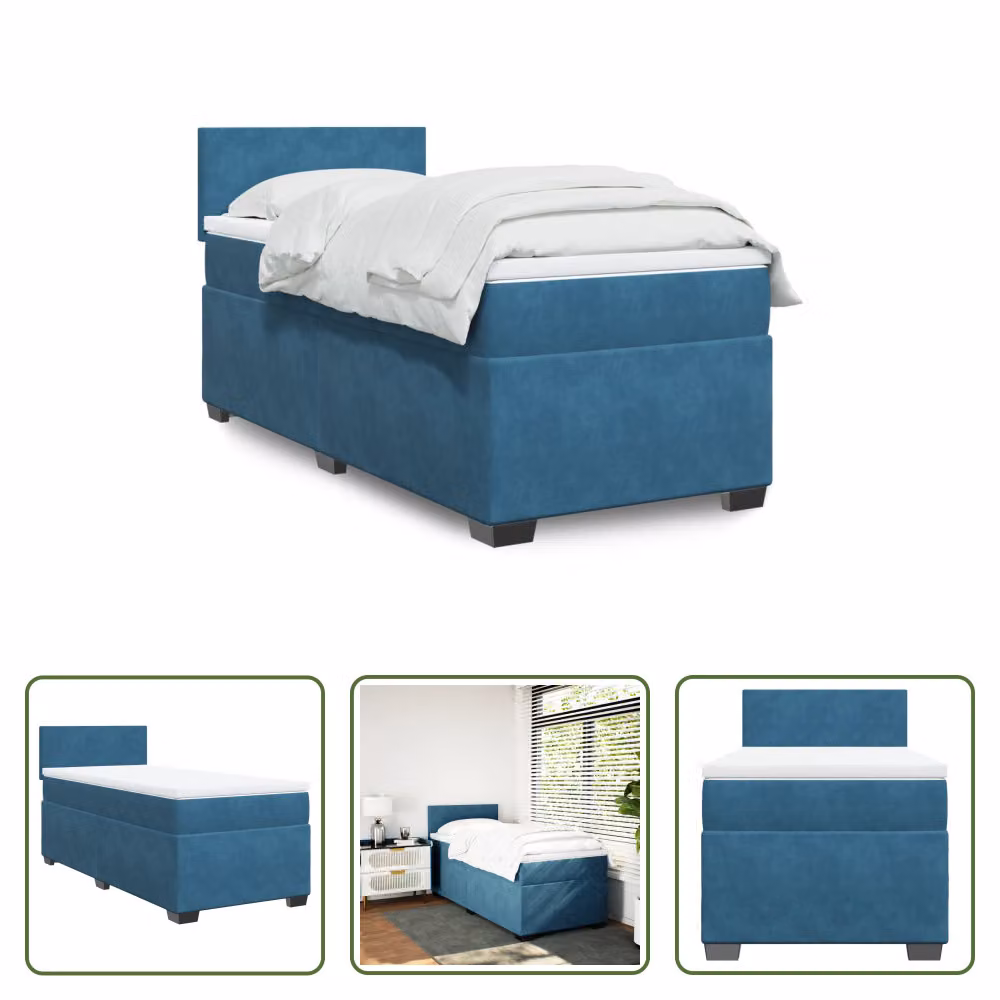 The Living Store Letto a molle con materasso blu scuro 100x200 cm in velluto
