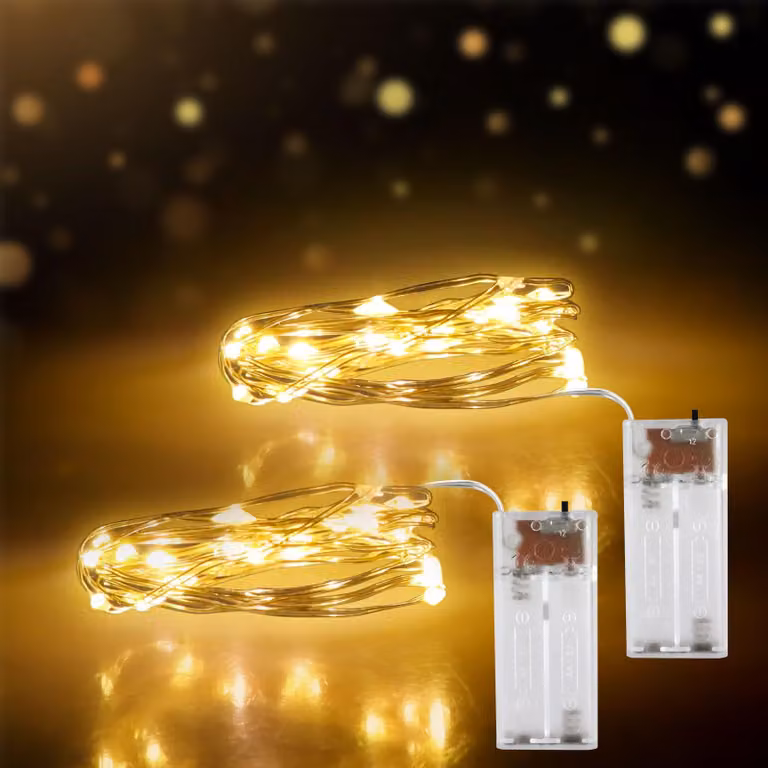 Catena luminosa da 2 metri, con 20 LED, luce bianco caldo, grado di protezione IP44, alimentazione a batteria