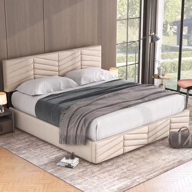 Letto contenitore matrimoniale 180 × 200 cm con apertura idraulica e testiera regolabile, senza materasso, in velluto beige
