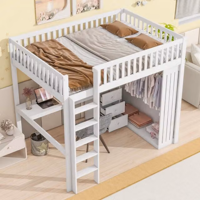 Letto a soppalco a 2 posti 140 × 200 cm con scrivania, armadio e 3 cassetti, senza materasso, in pino bianco