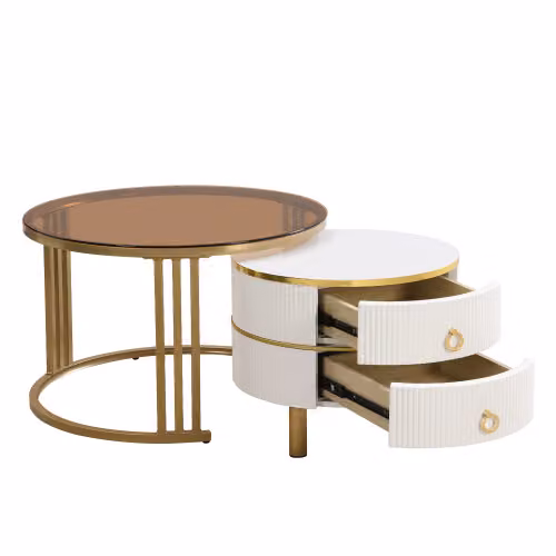 Tavolino rotondo 2-in-1 GL Store in MDF e vetro temperato con 2 cassetti, piano bianco e piano marrone, design moderno per soggiorno – 2