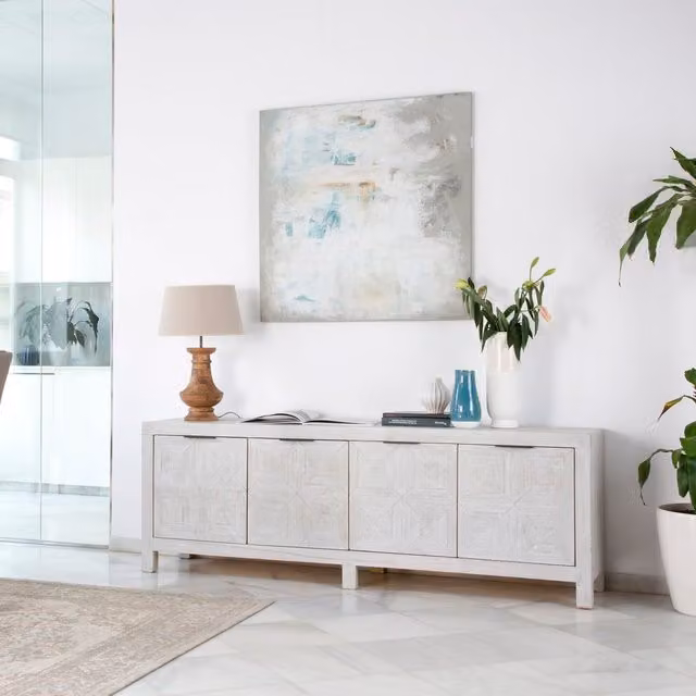 Credenza bassa Banak Cuzco in legno e metallo bianca e grigia L/P/H: 196 x 45 x 68 cm