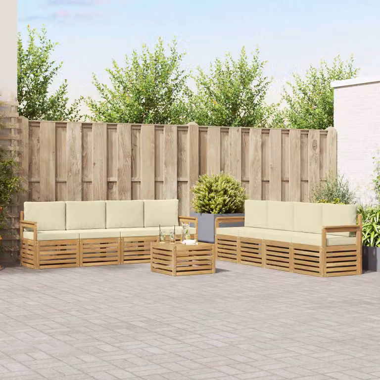 Set di divani da esterno vidaXL 9 pezzi a forma di L con tavolino da caffè, in legno di acacia e tessuto bianco, beige e marrone